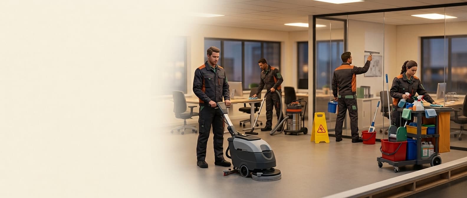 Schoonmaakteam van KLAAR in een kantoorruimte: een medewerker met een vloermachine, een collega met een stofzuiger, iemand die een glazen wand schoonmaakt en een werkwagen met materiaal.